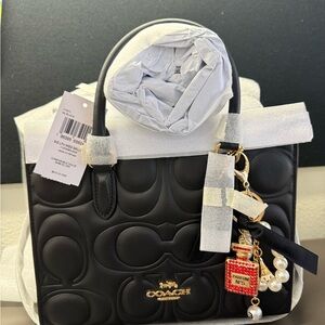 Coach Black Quilted Signature small Maggie Leather bag with Charm Keychain